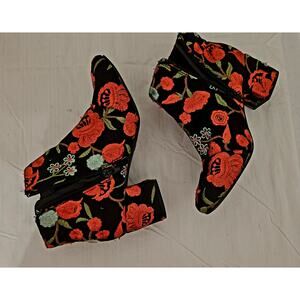 Dramatic Black Floral Booties, size 6, 2-inch heel, red poppies
